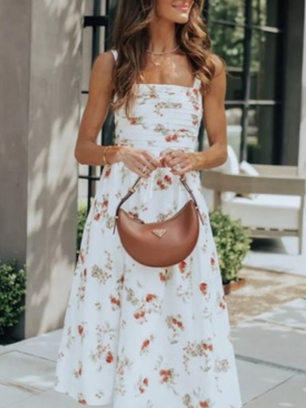 Abercrombie & Fitch White Floral Midi Dress with Rust Accents